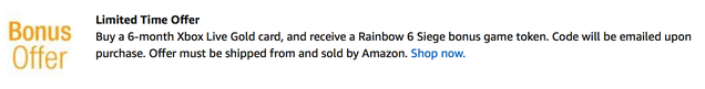 Illustration for article titled Buy Six Months of Xbox Live Gold, Get Rainbow Six Siege For Free